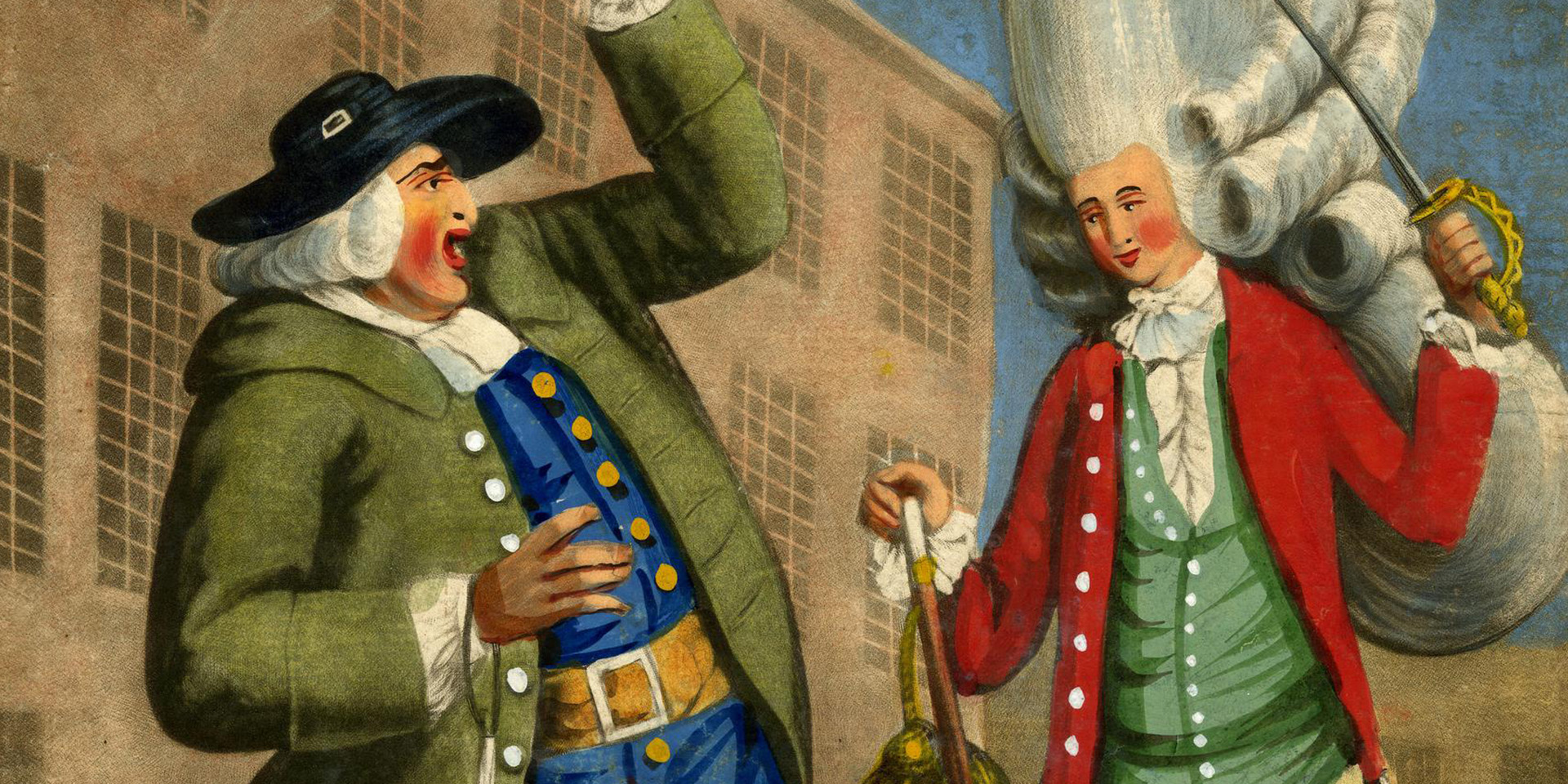 Satirical print depicting a country squire starting back in horror at seeing his son dressed as a macaroni, 1774