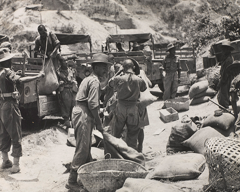 Gurkhas at a supply point in Burma, 1945