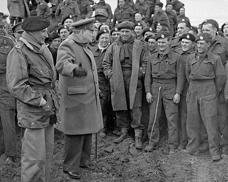 Sir Winston Churchill and Field Marshal Montgomery visiting men of 79th Armoured Division after the Rhine crossings, March 1945