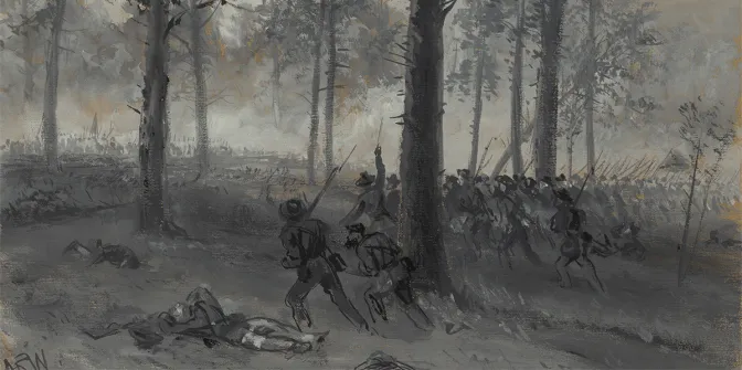 Confederate line advancing through forest toward Union troops at Chickamauga, 1863