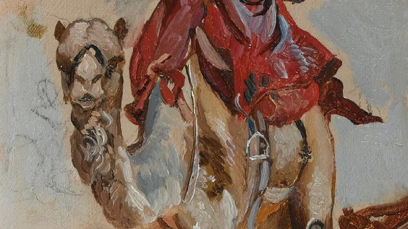 Study of a British soldier with two camels, Egypt, c1885