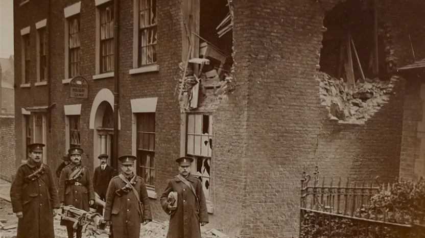 Damaged office buildings in Scarborough, 1914
