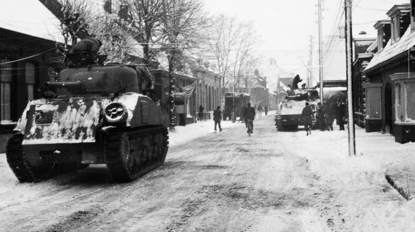 Sherman tanks in the town of Asten in the Netherlands, January 1945