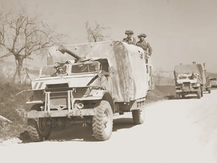 A convoy of Jewish Brigade trucks, Italy, 1945