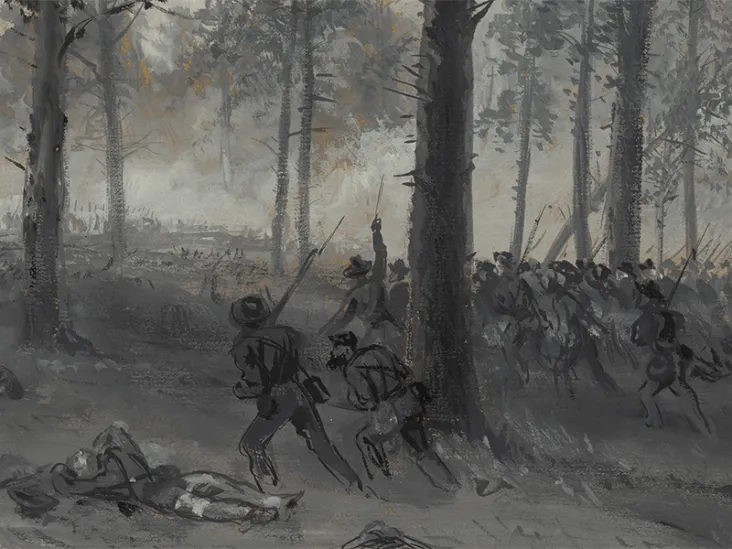 Confederate line advancing through forest toward Union troops at Chickamauga, 1863