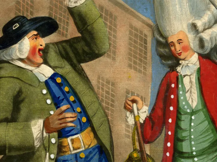 Satirical print depicting a country squire starting back in horror at seeing his son dressed as a macaroni, 1774