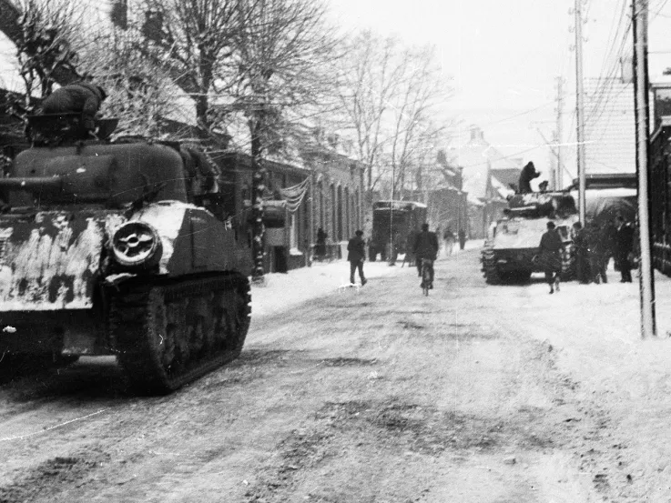 Sherman tanks in the town of Asten in the Netherlands, January 1945