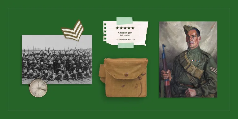 A collage of images from the Museum's archive, including the portrait of a soldier and objects from the collection