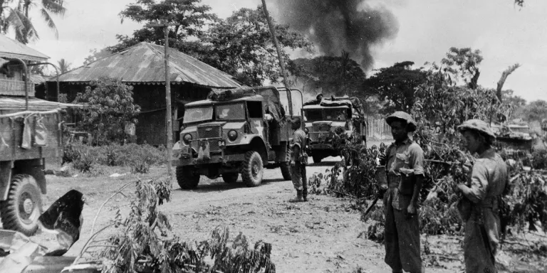 Indian troops in Burma during the last few miles of the advance on Rangoon, April 1945